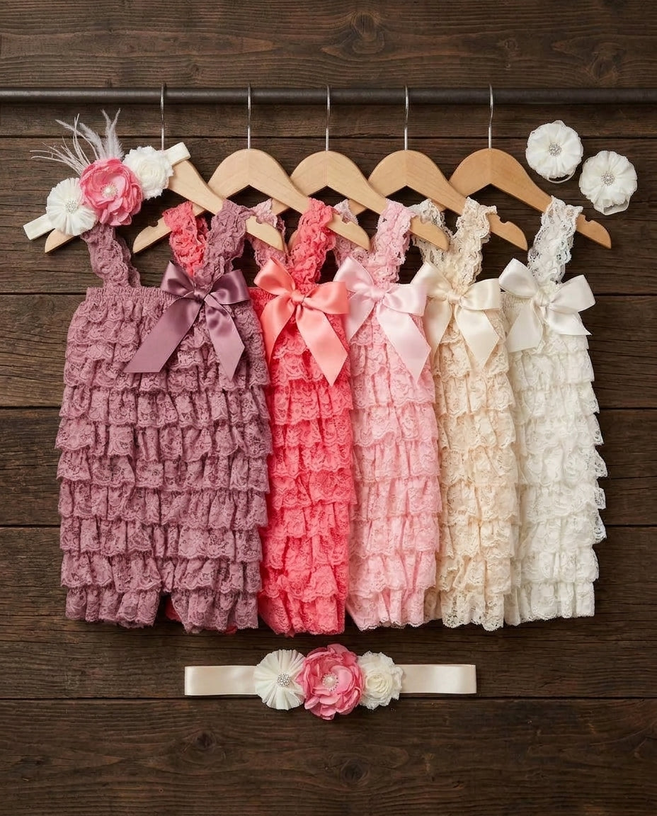 Baby Girl Smash Cake Lace Romper with Headband, Sash, & Barefoot Sandals