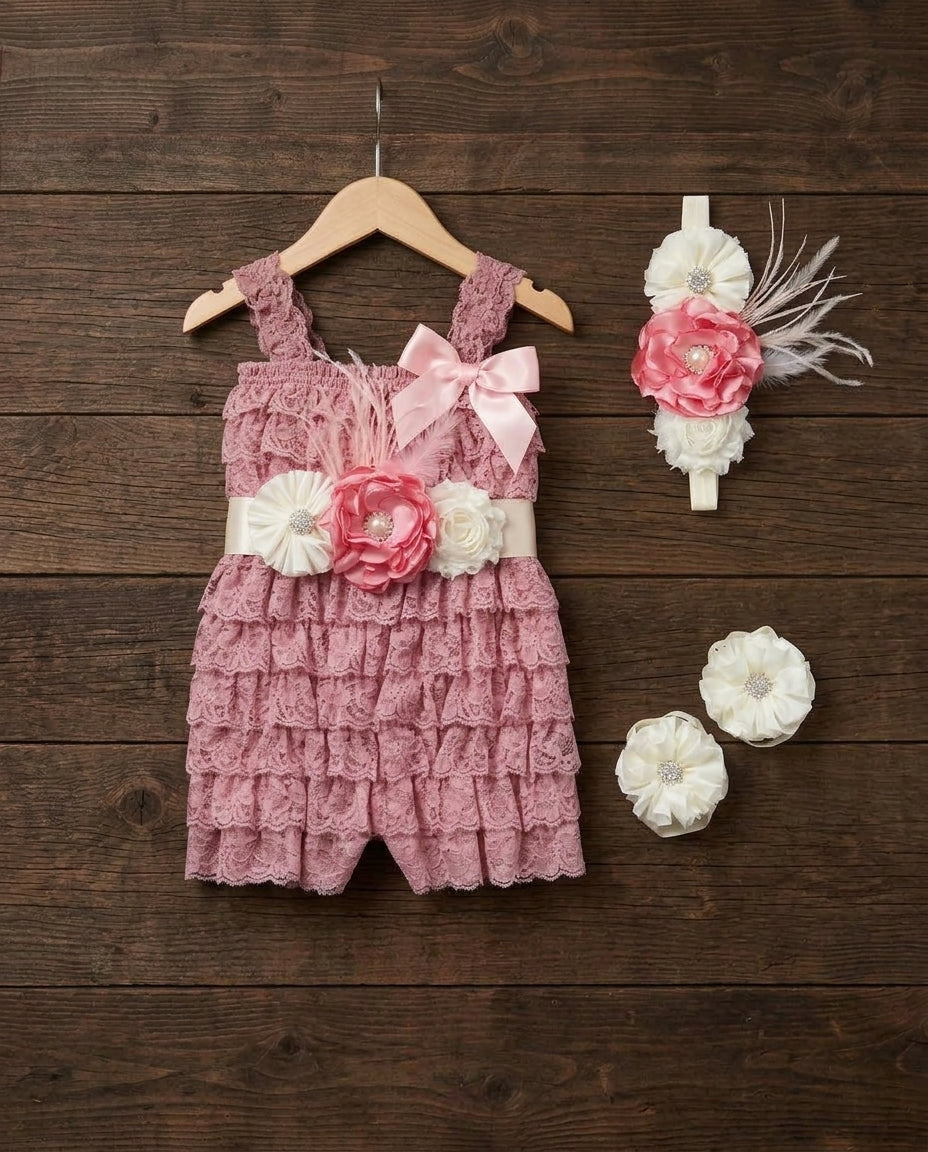 Baby Girl Smash Cake Lace Romper with Headband, Sash, & Barefoot Sandals