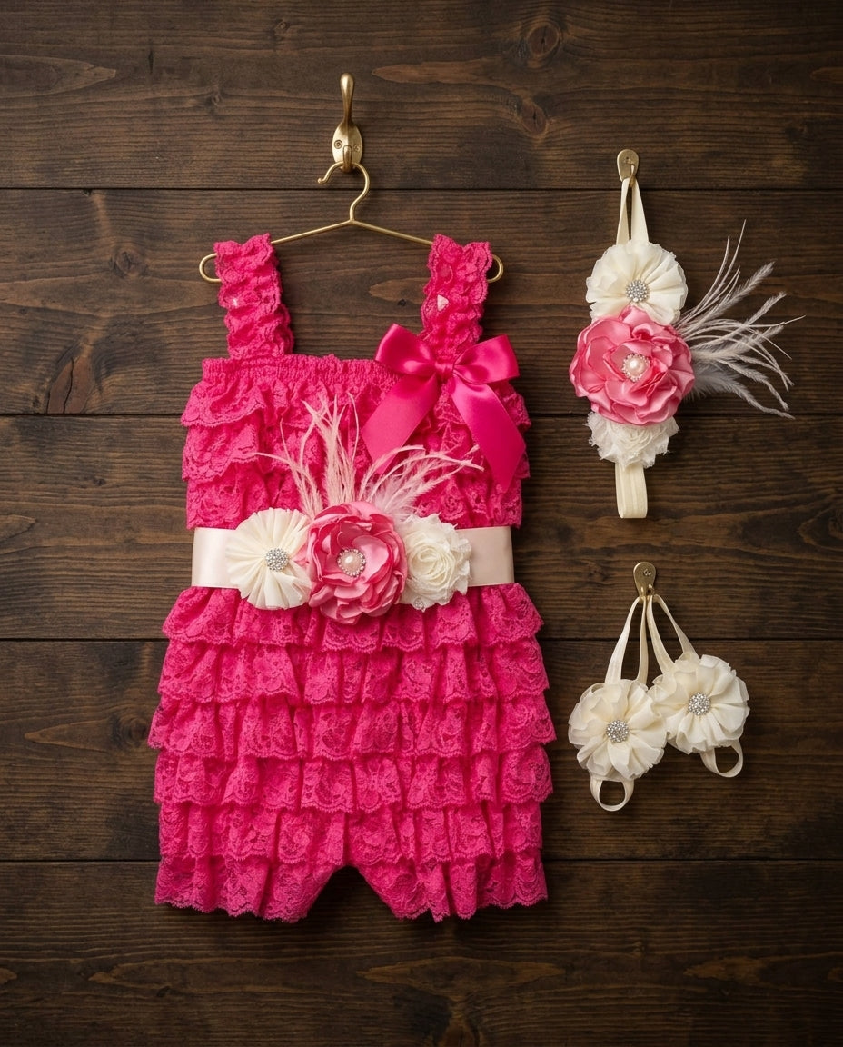 Baby Girl Smash Cake Lace Romper with Headband, Sash, & Barefoot Sandals