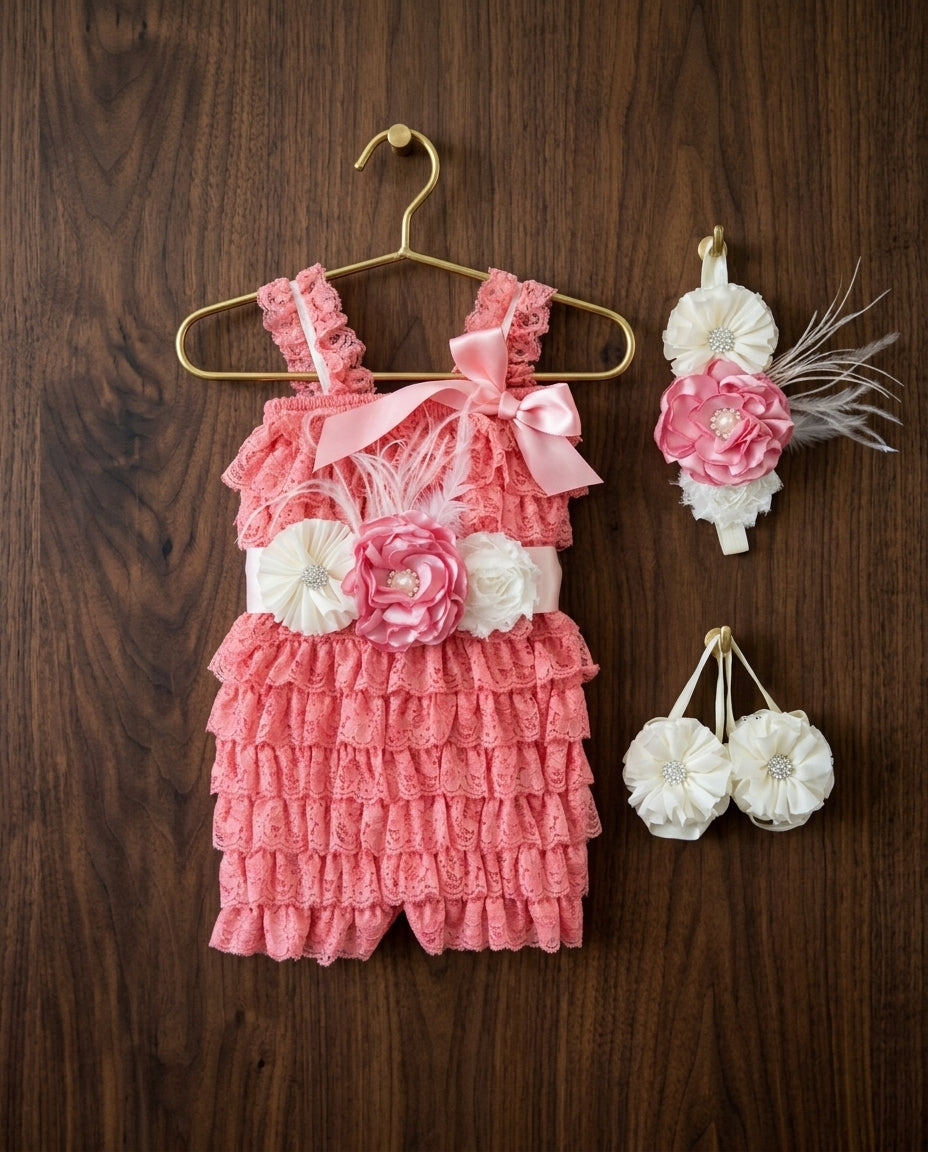 Baby Girl Smash Cake Lace Romper with Headband, Sash, & Barefoot Sandals