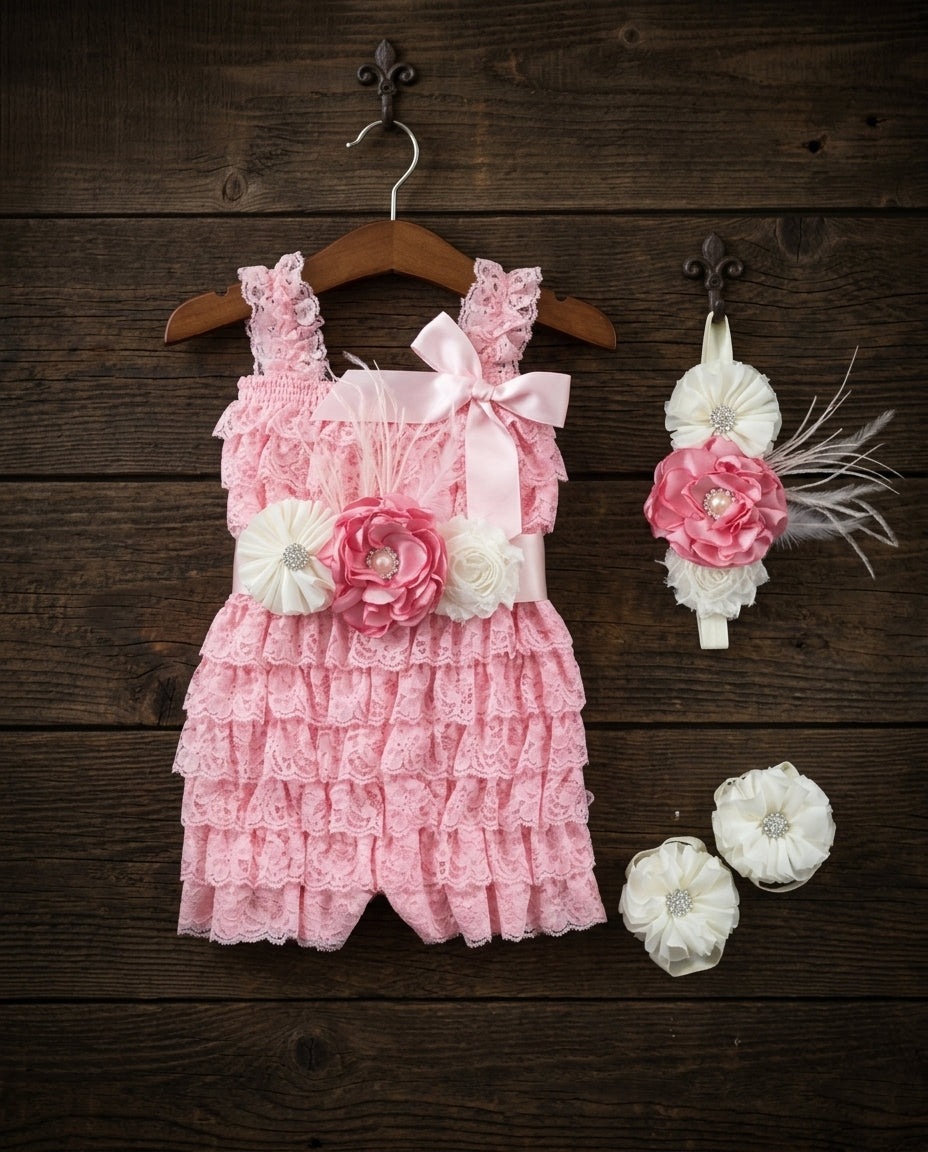 Baby Girl Smash Cake Lace Romper with Headband, Sash, & Barefoot Sandals