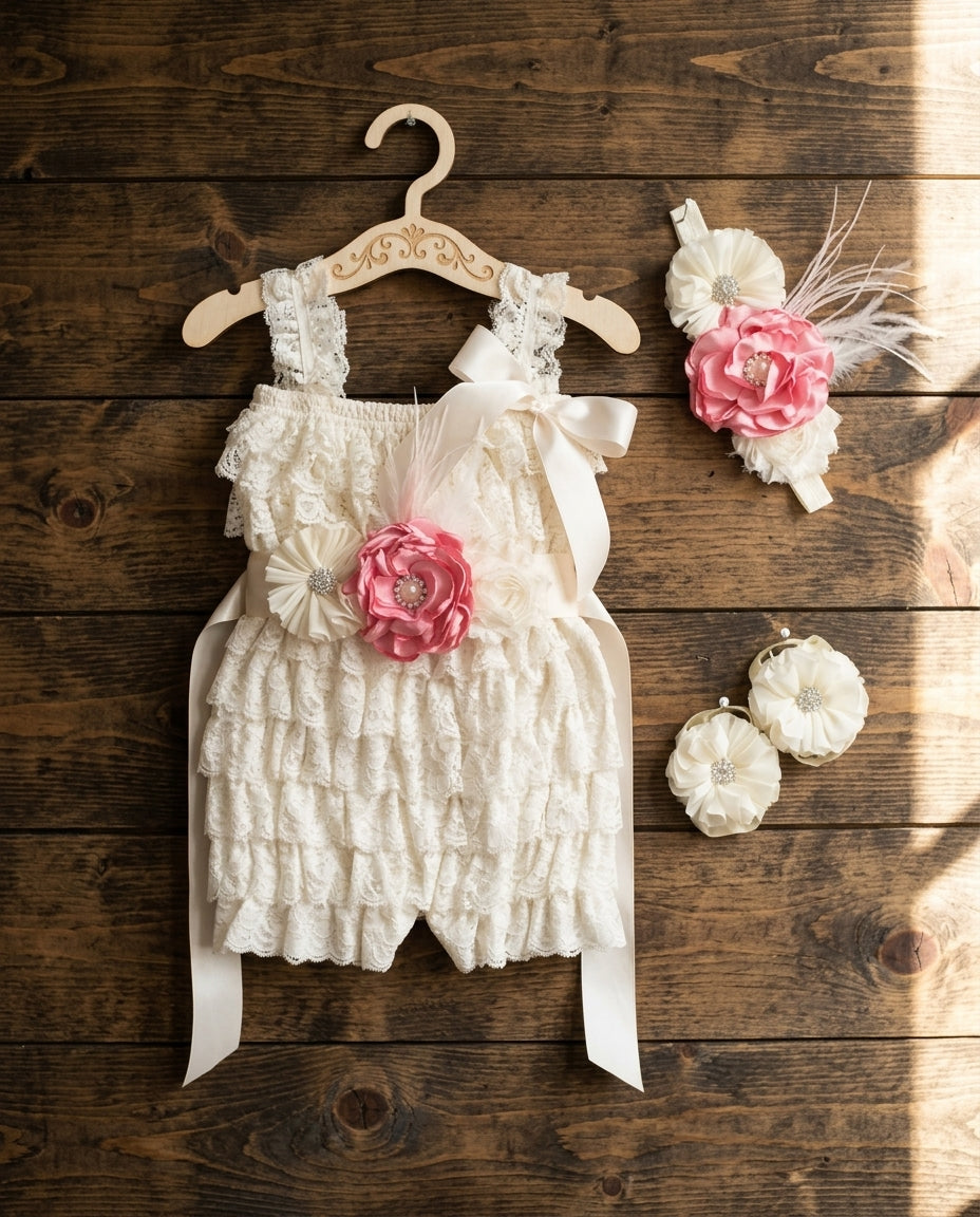 Baby Girl Smash Cake Lace Romper with Headband, Sash, & Barefoot Sandals