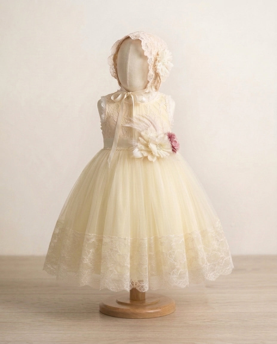 Baby Girl Summer Christening Dress with Lace Bonnet and Sash