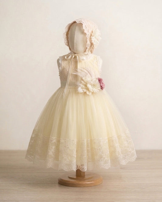 Baby Girl Summer Christening Dress with Lace Bonnet and Sash
