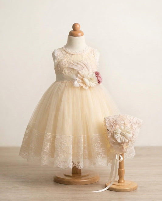 Baby Girl Summer Christening Dress with Lace Bonnet and Sash