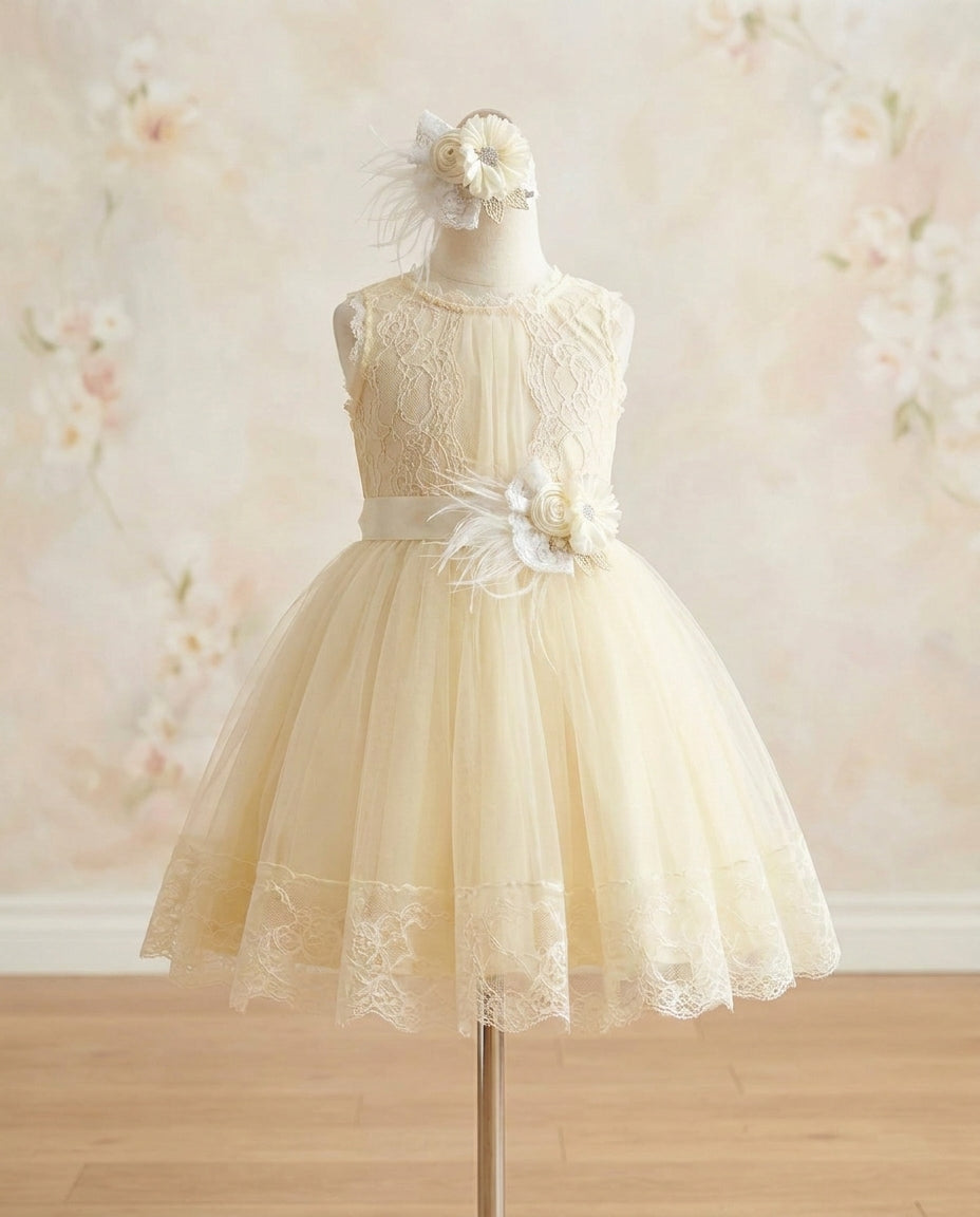 Baby Girl Summer Dress with Ivory Headband and Sash 3T / Champagne