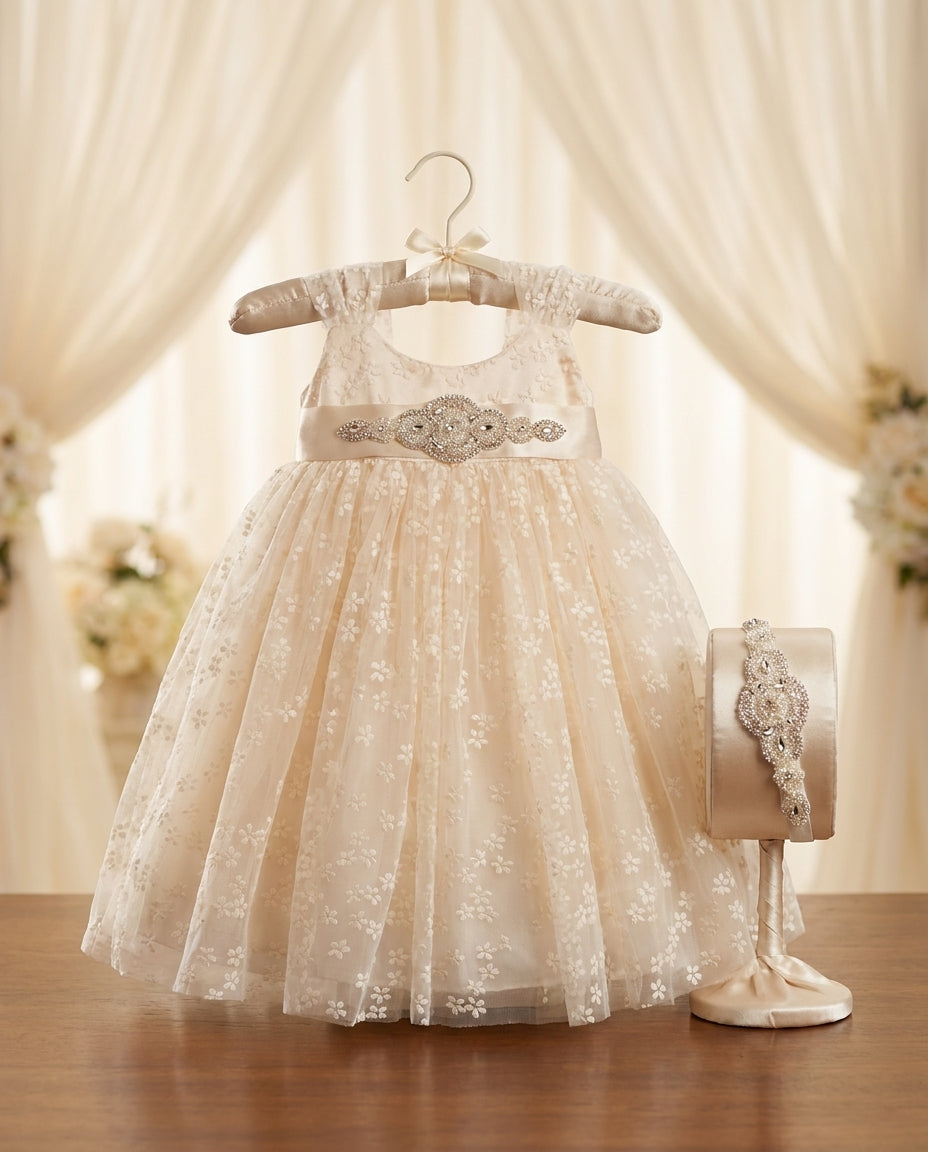 Baby Girl Tulle Dress with Rhinestones Headband and Sash