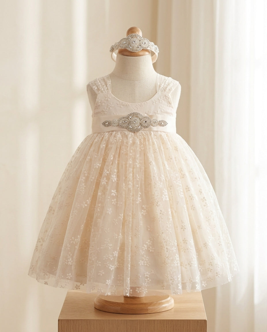 Baby Girl Tulle Dress with Rhinestones Headband and Sash