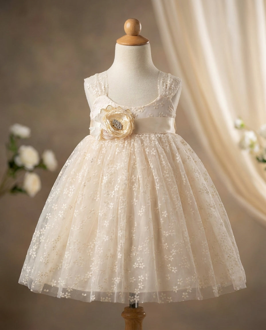 Baptism Tulle Dress with Rhinestones & Pearl Sash