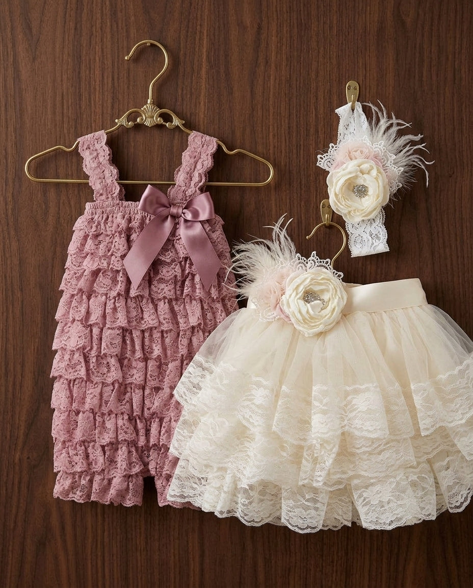 Lace Romper and Fluffy Lace Skirt with Headband & Sash Set