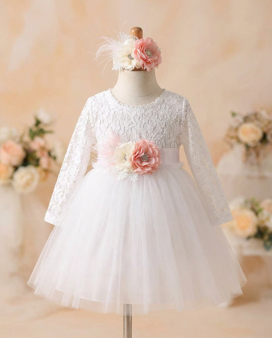 Baby Girl White Ballerina Dress with Floral Headband and Sash