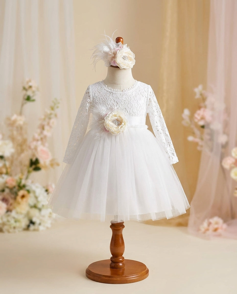Baby Girl White Ballerina Dress with Floral Headband and Sash