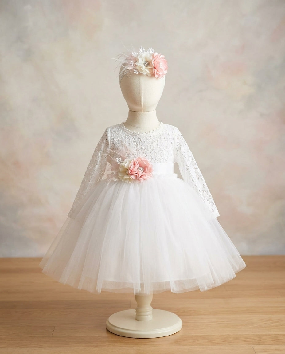 Baby Girl White Ballerina Dress with Floral Headband and Sash French White / Peach / 8