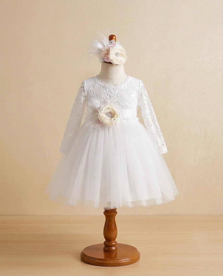Baby Girl White Ballerina Dress with Floral Headband and Sash