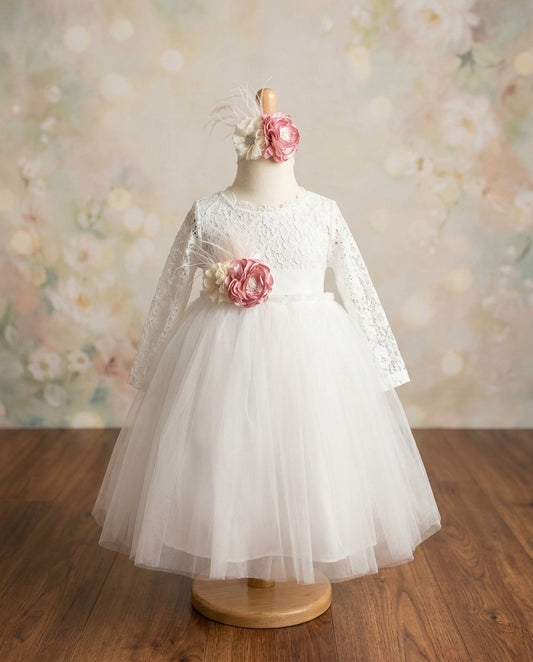 Baby Girl White Ballerina Dress with Floral Headband and Sash