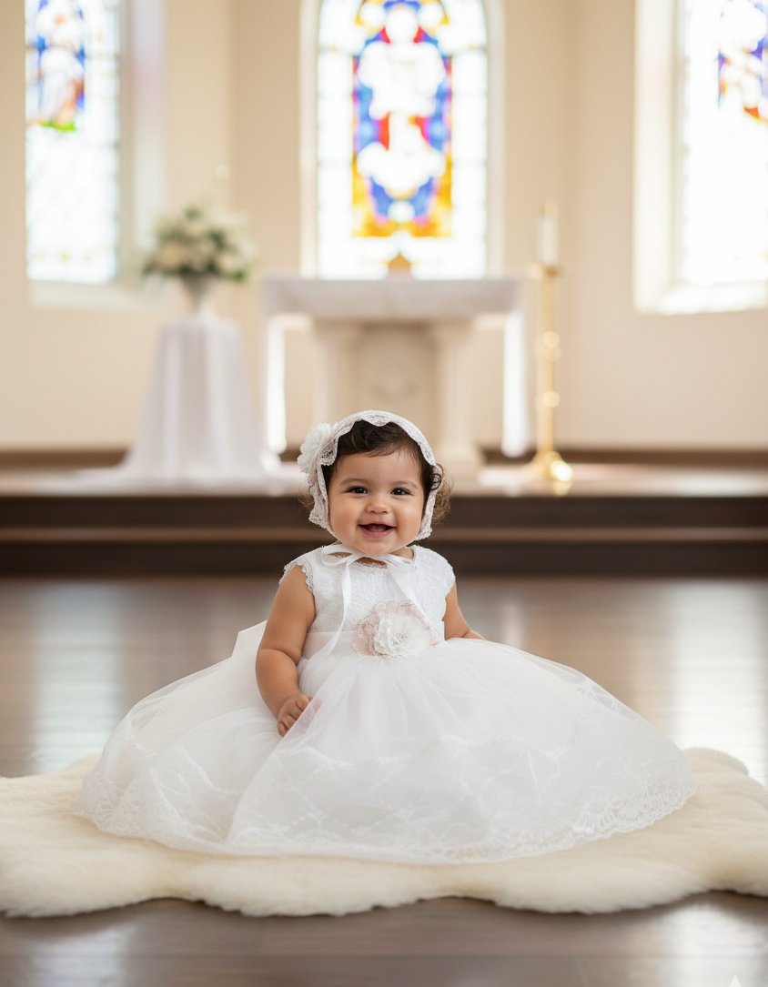 Baby Girl White French Summer Dress with Bonnet and Sash