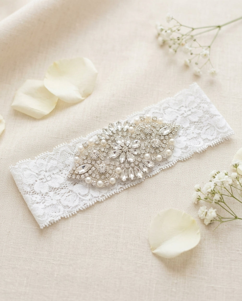 Baby Girl French White Baptism Rhinestone and Pearl Headband & Sash