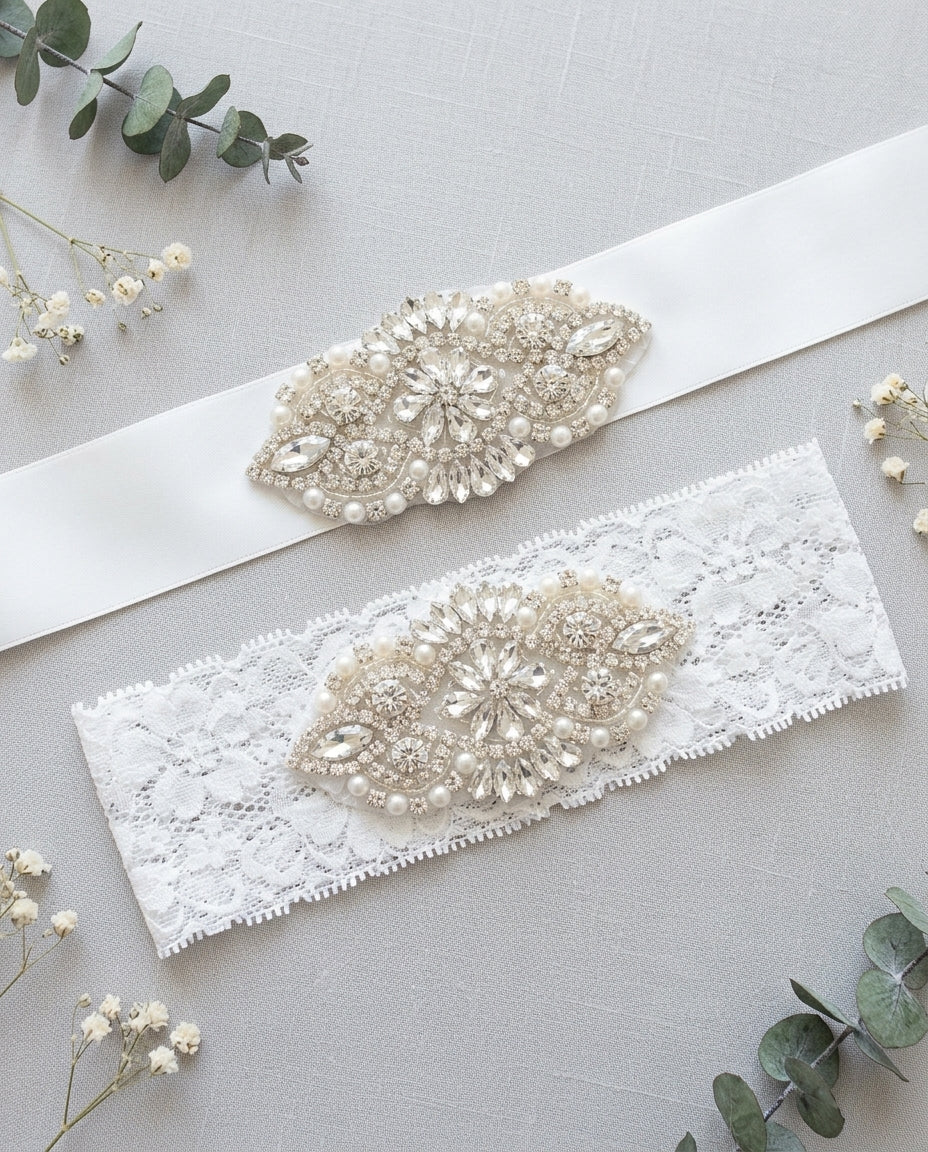 Baby Girl French White Baptism Rhinestone and Pearl Headband & Sash