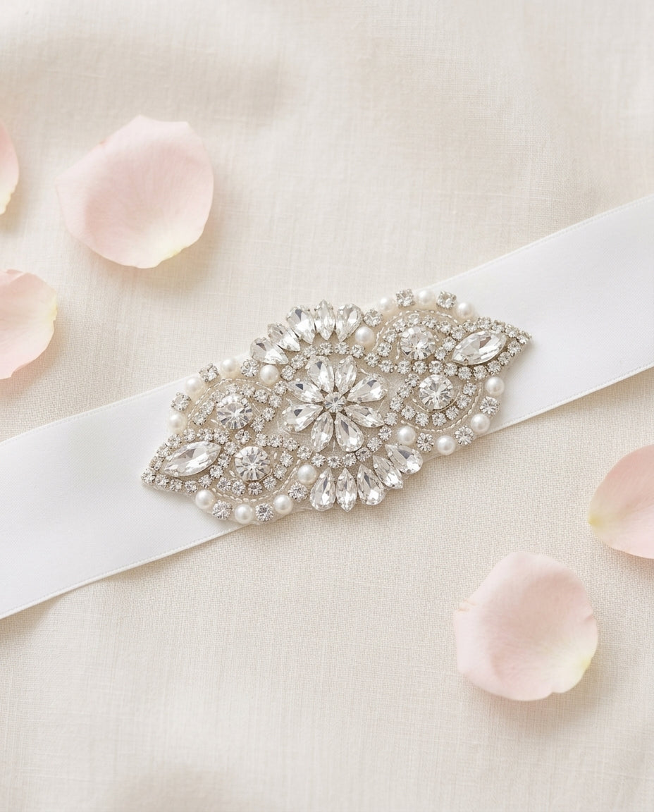 Baby Girl French White Baptism Rhinestone and Pearl Headband & Sash