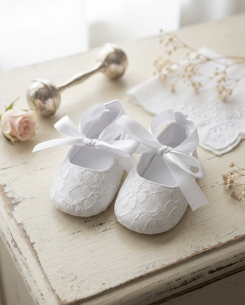 Baby Girl White Crib Shoes, French White Baby Girl Lace Shoes