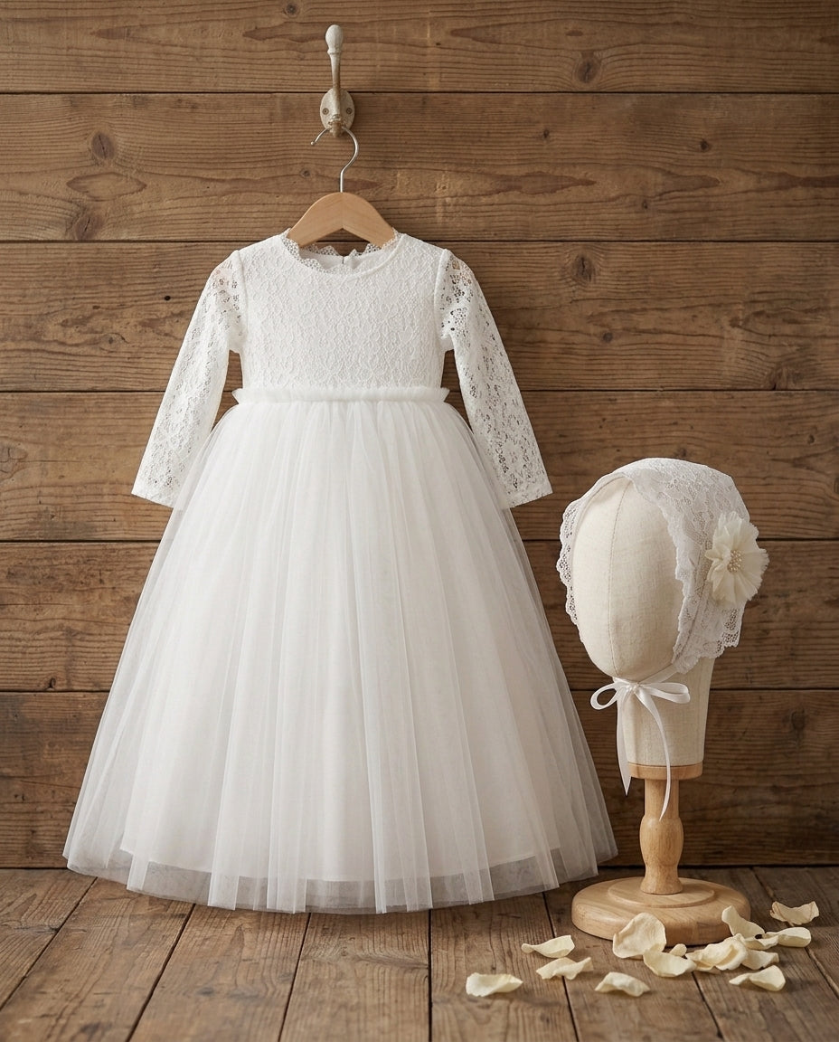 Baby Girl White Baptism Tulle Dress with Lace Bonnet