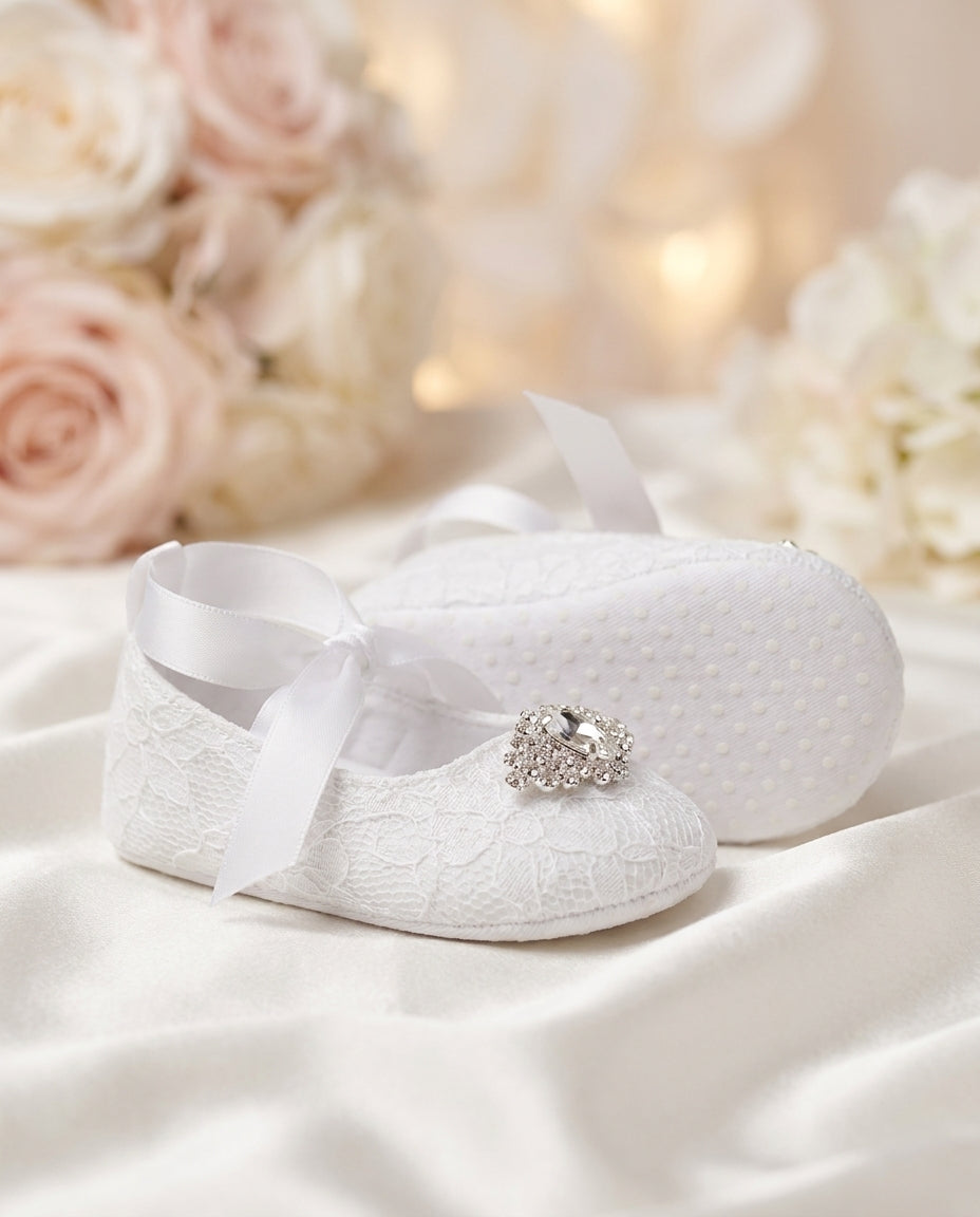 Baby Girl French White Christening Shoes with Rhinestones
