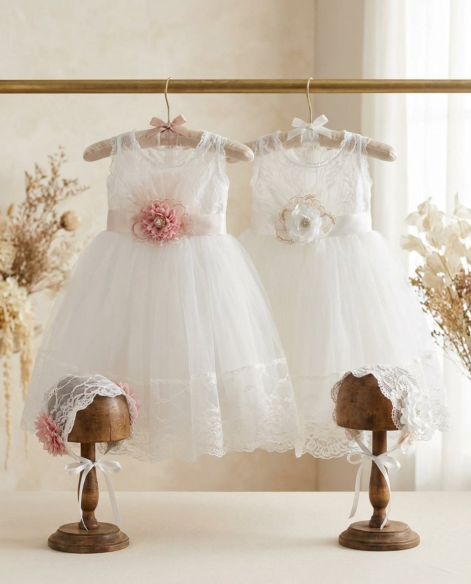 Baby Girl White French Summer Dress with Bonnet and Sash French White / Pink Blush / 9-12 months