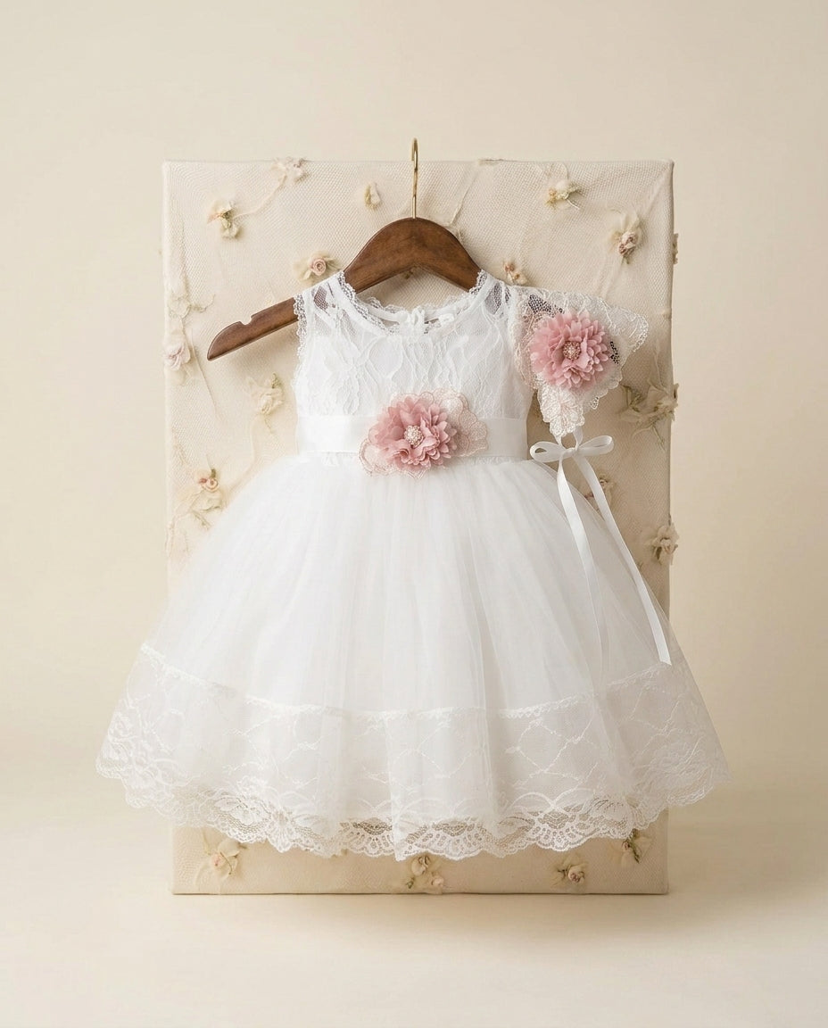 Baby Girl White French Summer Dress with Bonnet and Sash