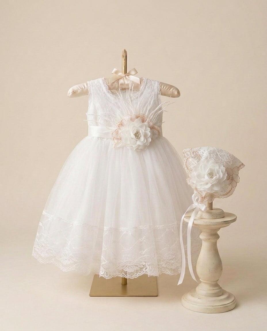 Baby Girl White French Summer Dress with Bonnet and Sash