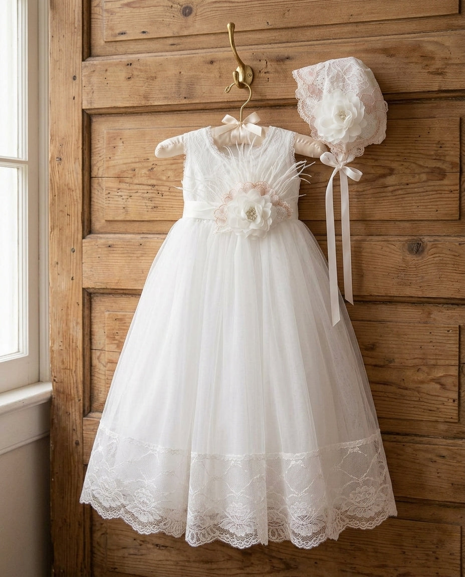 Baby Girl White French Summer Dress with Bonnet and Sash