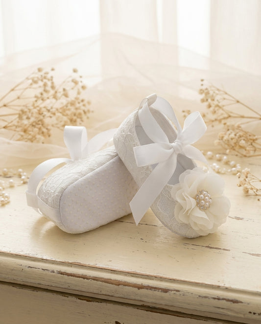 Baby Girl White Lace Baptism Shoes with Ivory Flowers