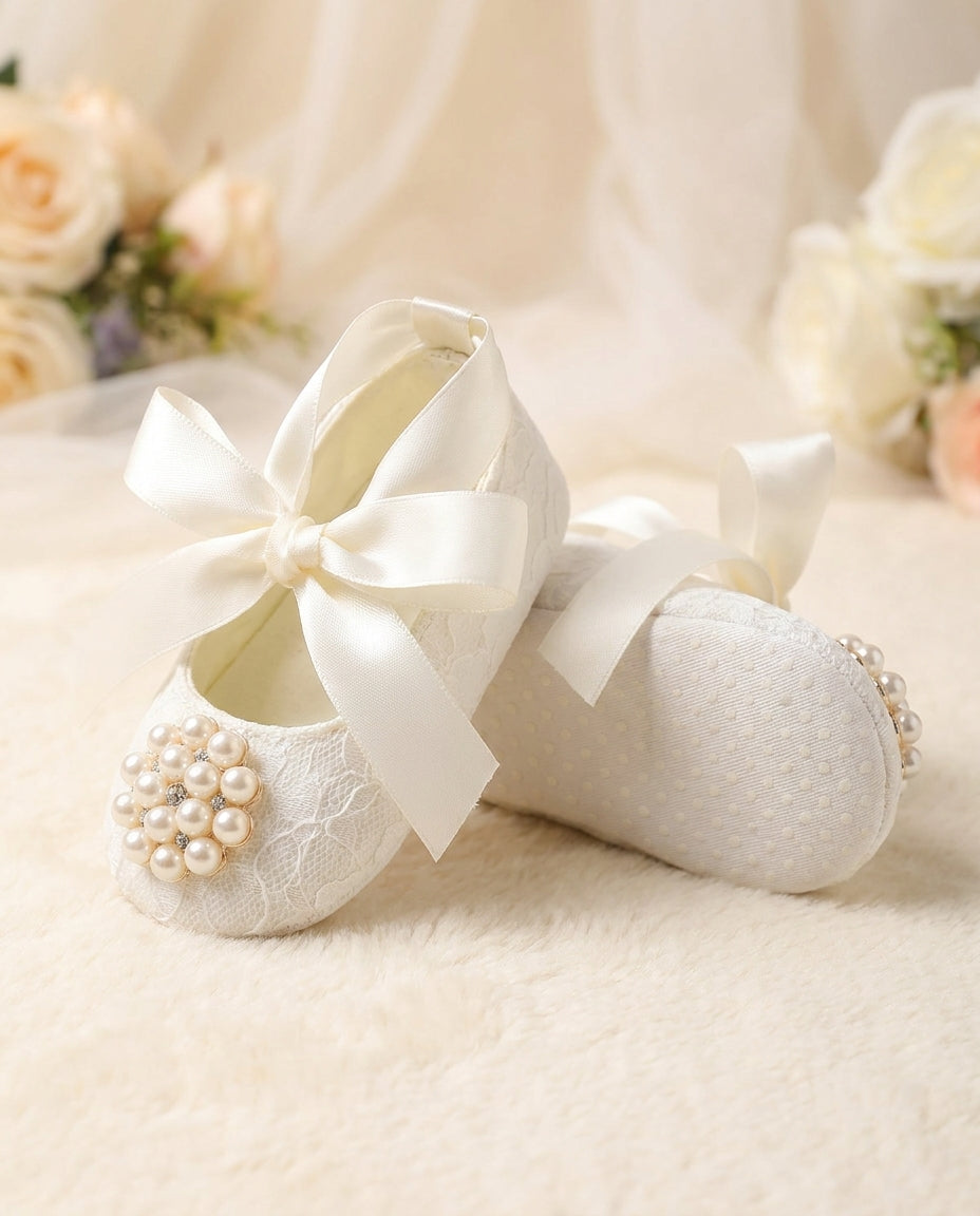 French White Baby Baptism Shoes with Pearl Rhinestones, Baby Ivory Baptism Shoes
