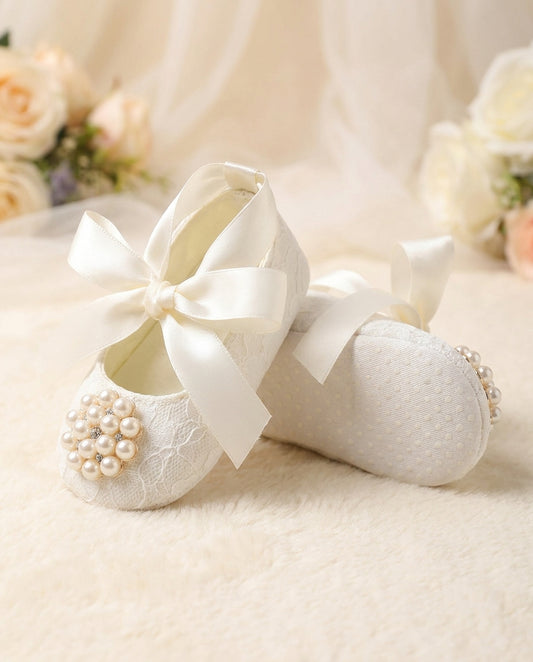 French White Baby Baptism Shoes with Pearl Rhinestones, Baby Ivory Baptism Shoes