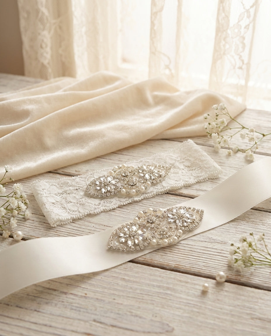 Baby Girl Rhinestones & Pearls Christening Headband and Sash