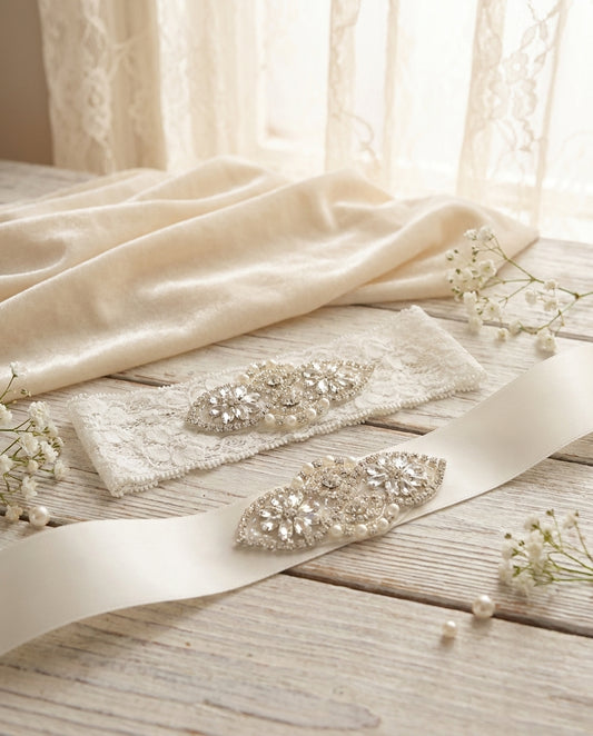 Baby Girl Rhinestones & Pearls Christening Headband and Sash