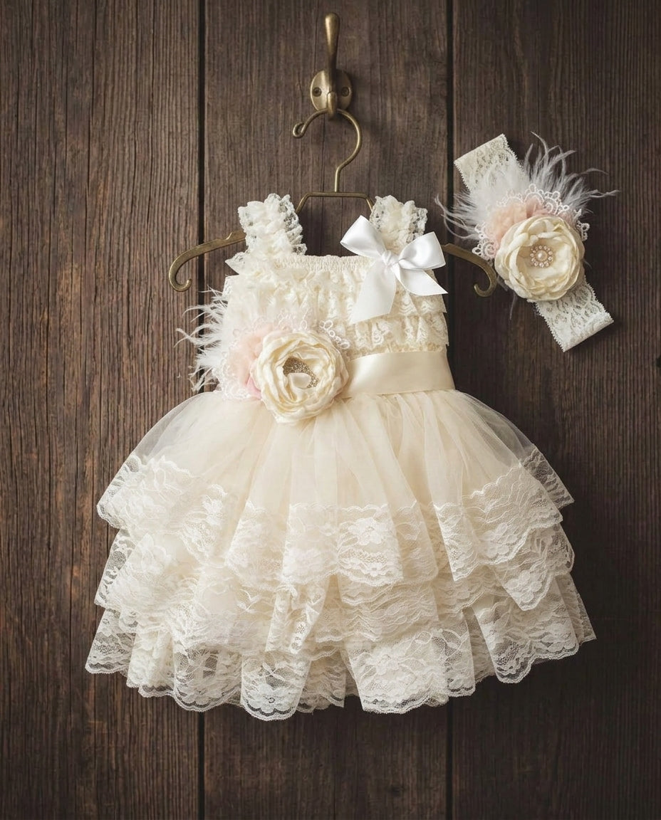 Lace Romper and Fluffy Lace Skirt with Headband & Sash Set