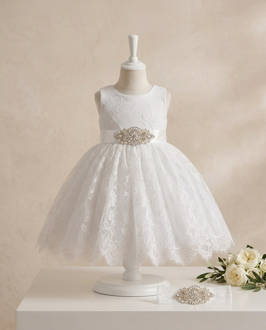 Baby Lace Christening Dress with Rhinestones Headband