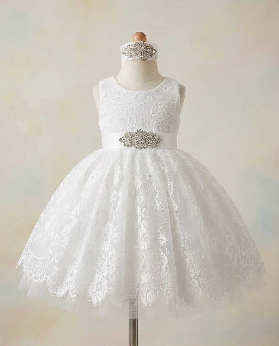 Baby Lace Christening Dress with Rhinestones Headband