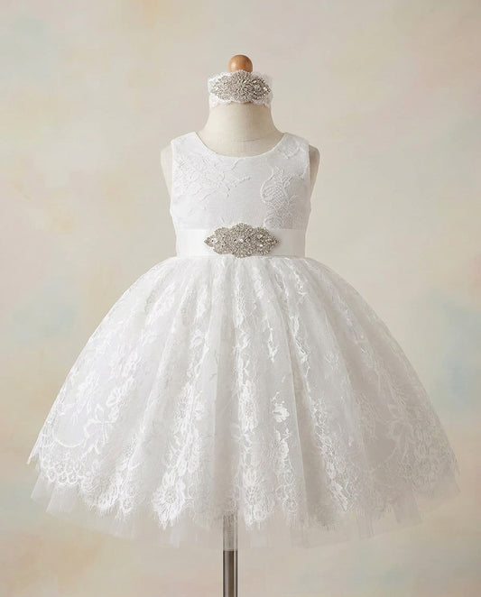 Baby Lace Christening Dress with Rhinestones Headband