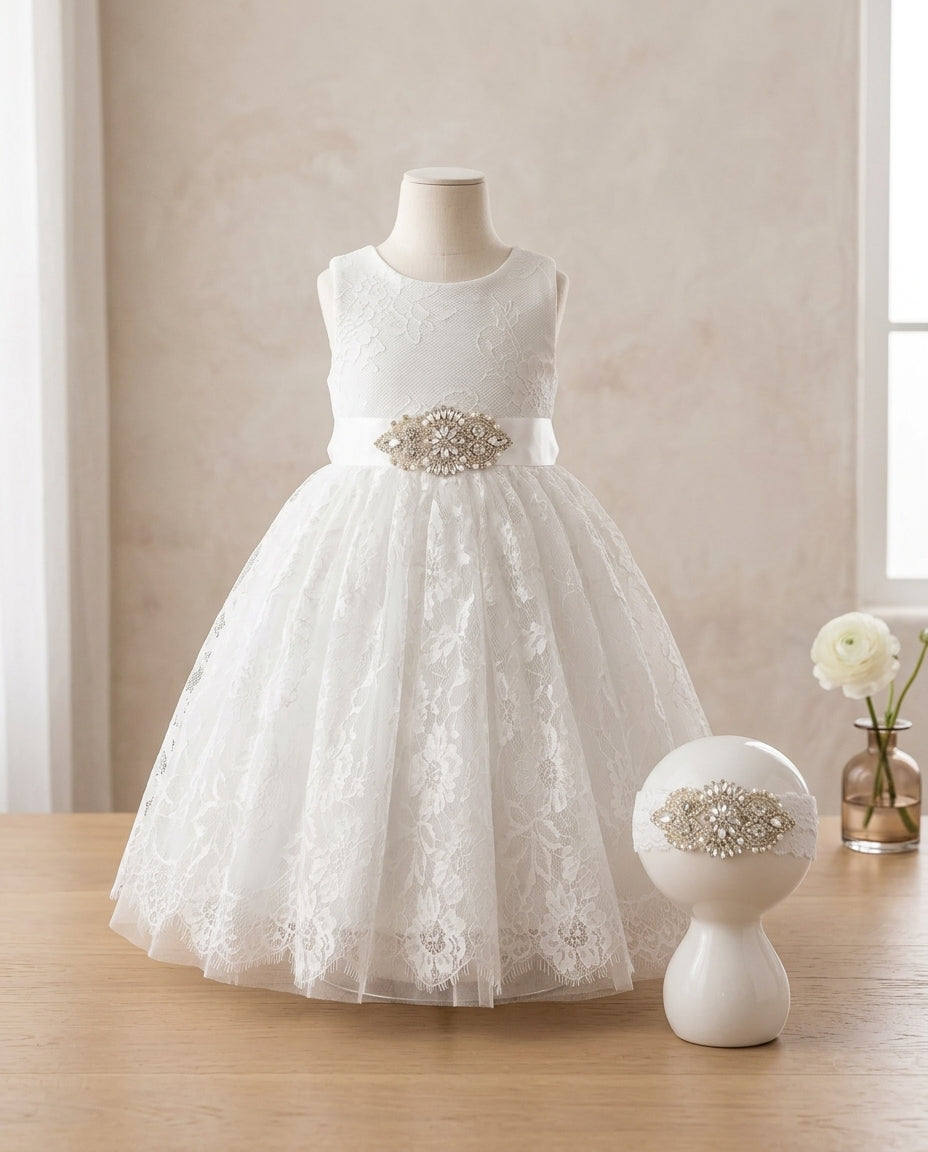 Baby Lace Christening Dress with Rhinestones Headband