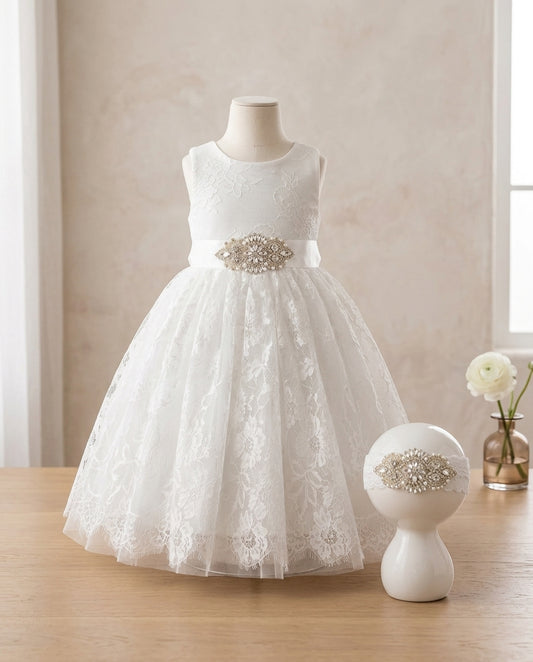 Baby Lace Christening Dress with Rhinestones Headband