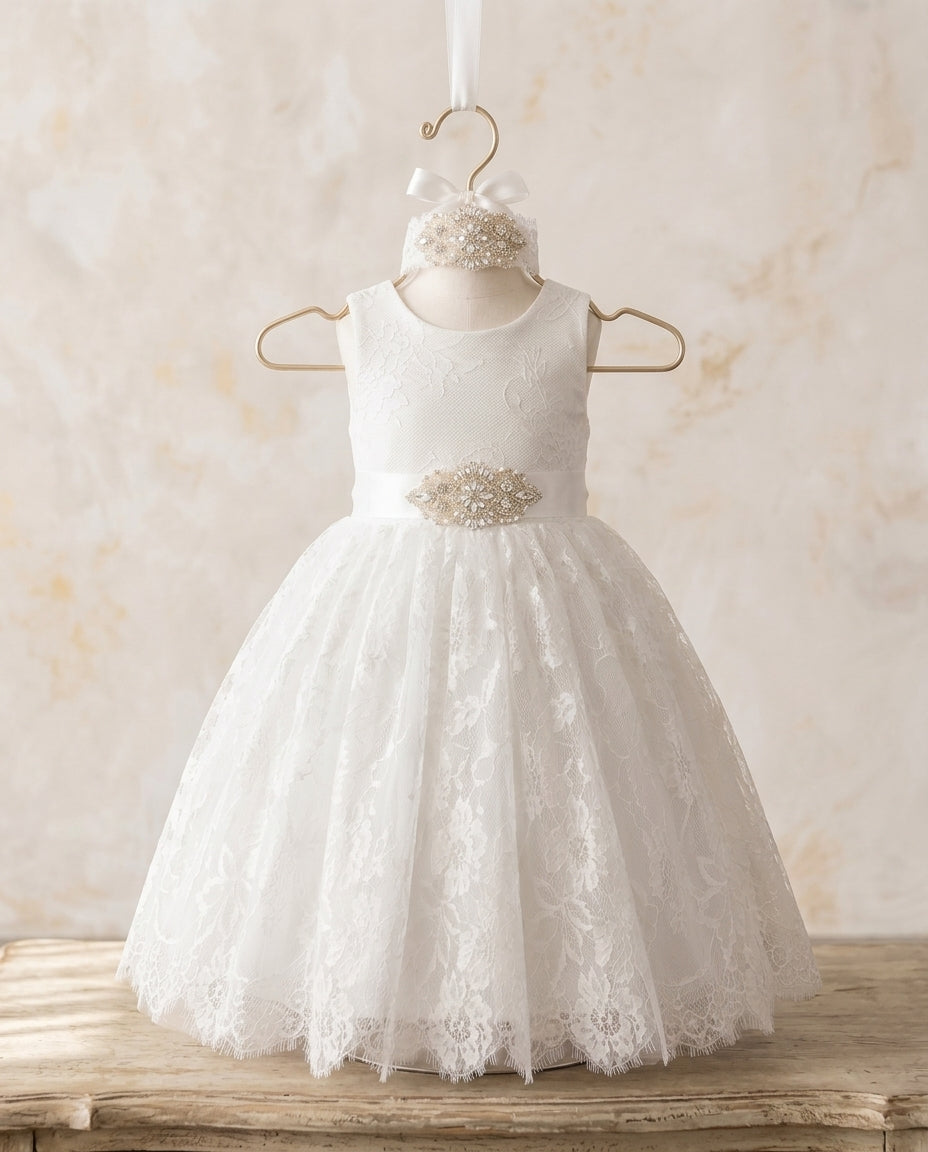 Baby Lace Christening Dress with Rhinestones Headband