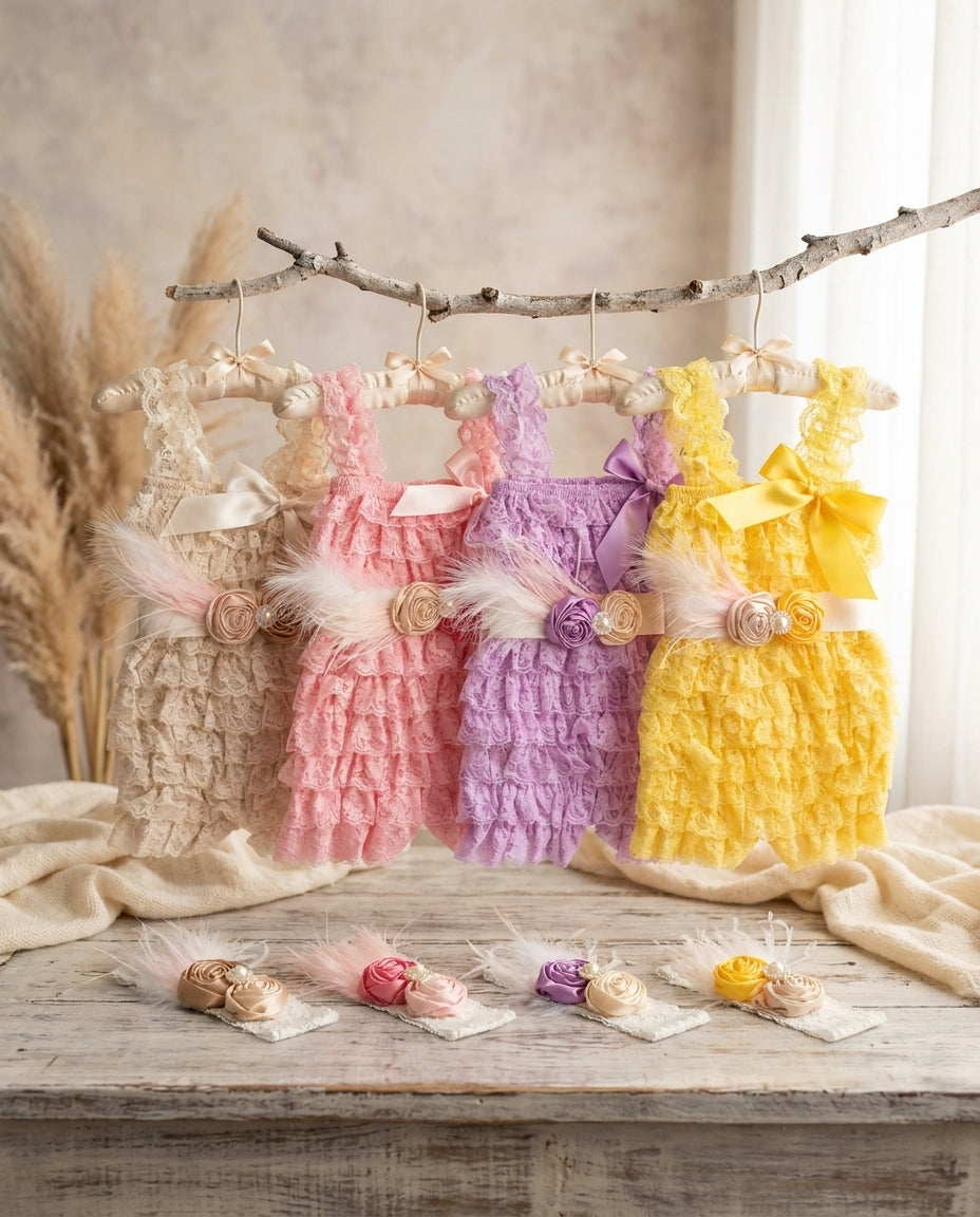 Baby Pink Romper with Headband & Sash, Yellow Baby Romper