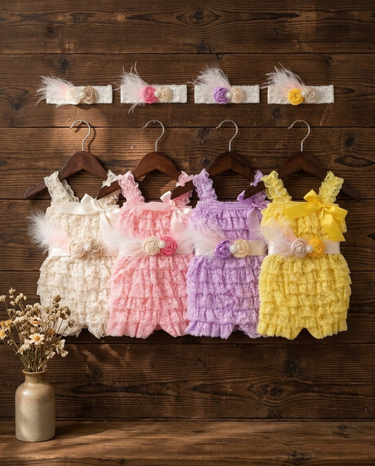 Baby Pink Romper with Headband & Sash, Yellow Baby Romper