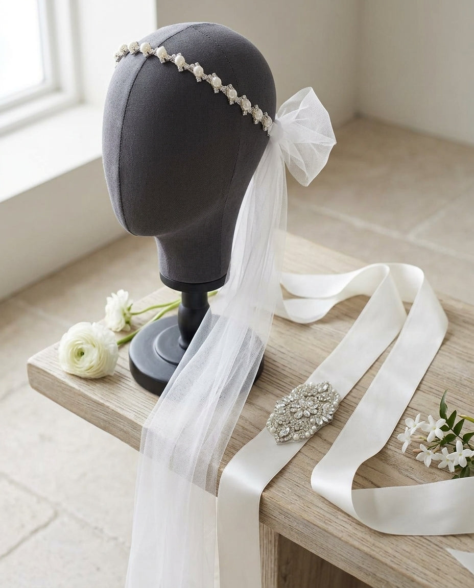 Baby Rhinestone & Pearl Headband, Angel Bow Rhinestone Headband