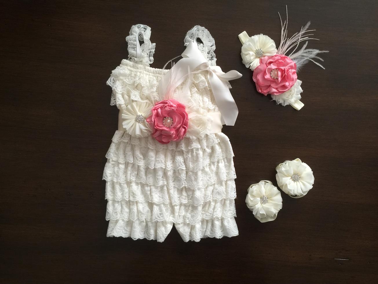 Baby Smash Cake Romper, Pink Headband & Sash