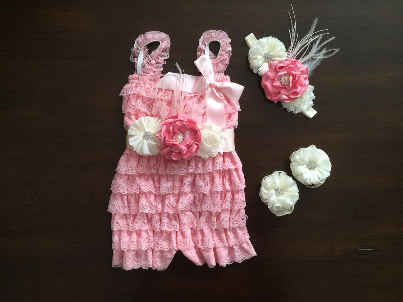 Baby Smash Cake Romper, Pink Headband & Sash