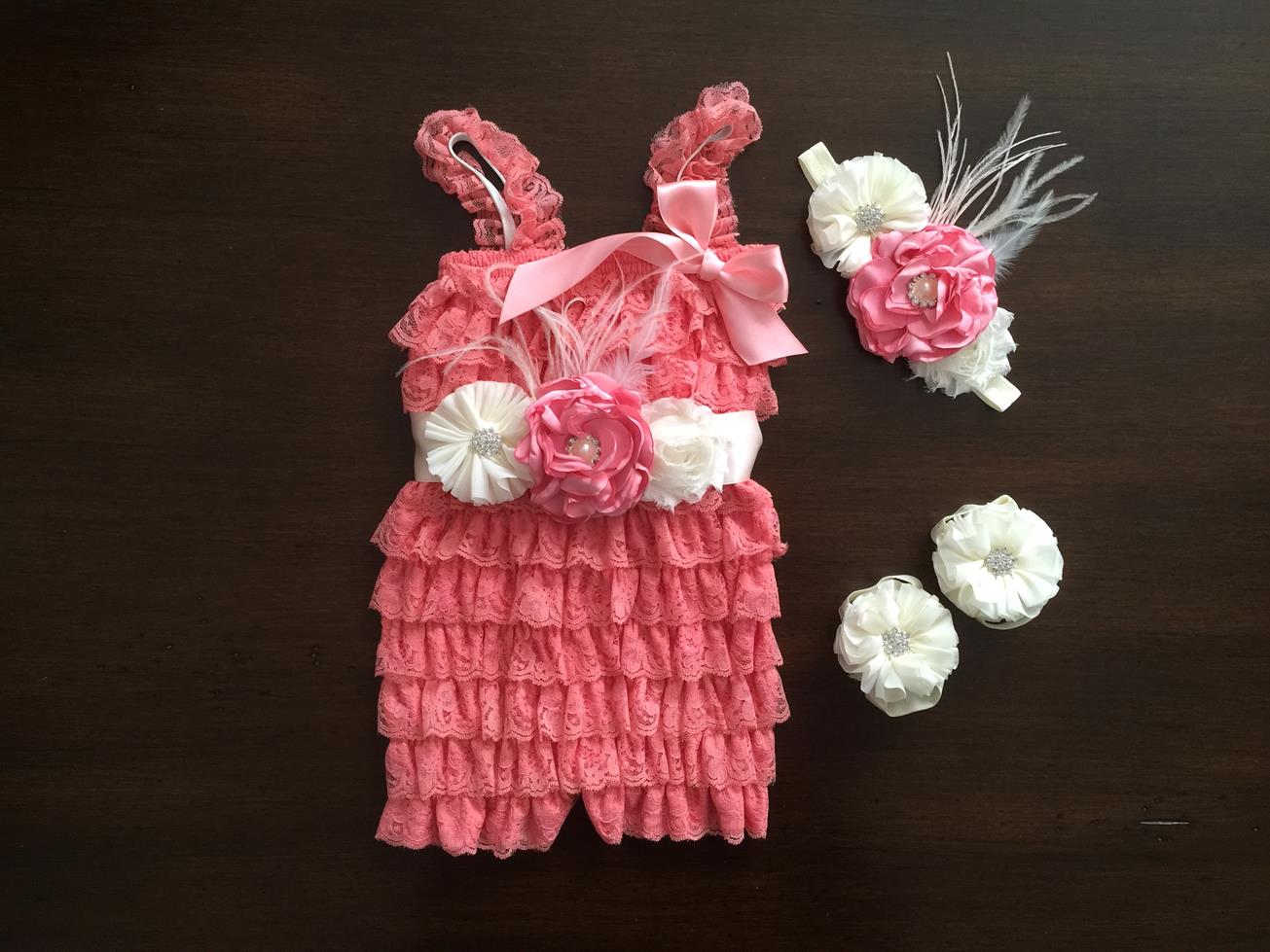 Baby Smash Cake Romper, Pink Headband & Sash