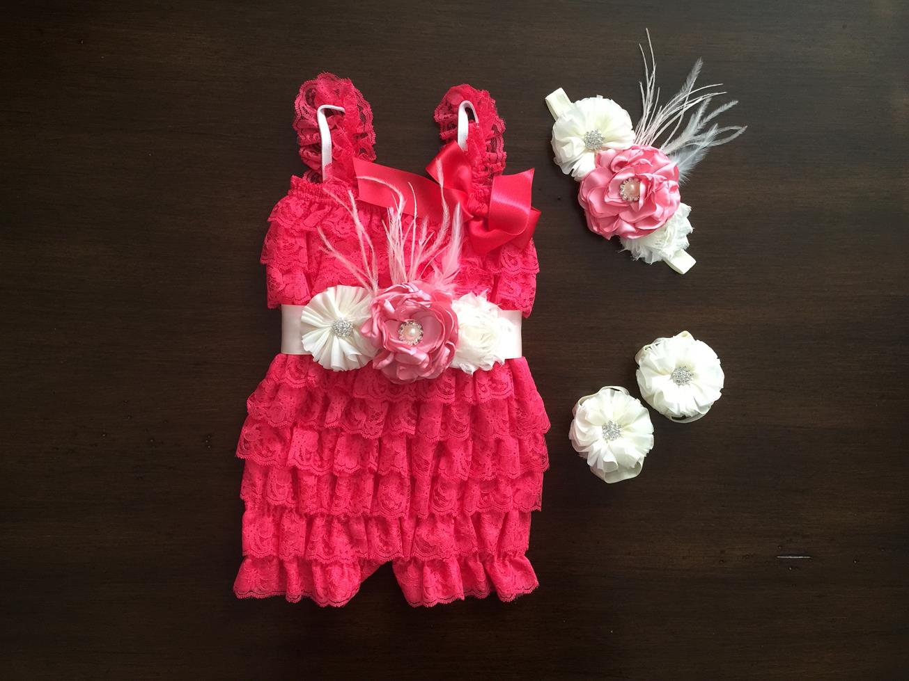 Baby Smash Cake Romper, Pink Headband & Sash