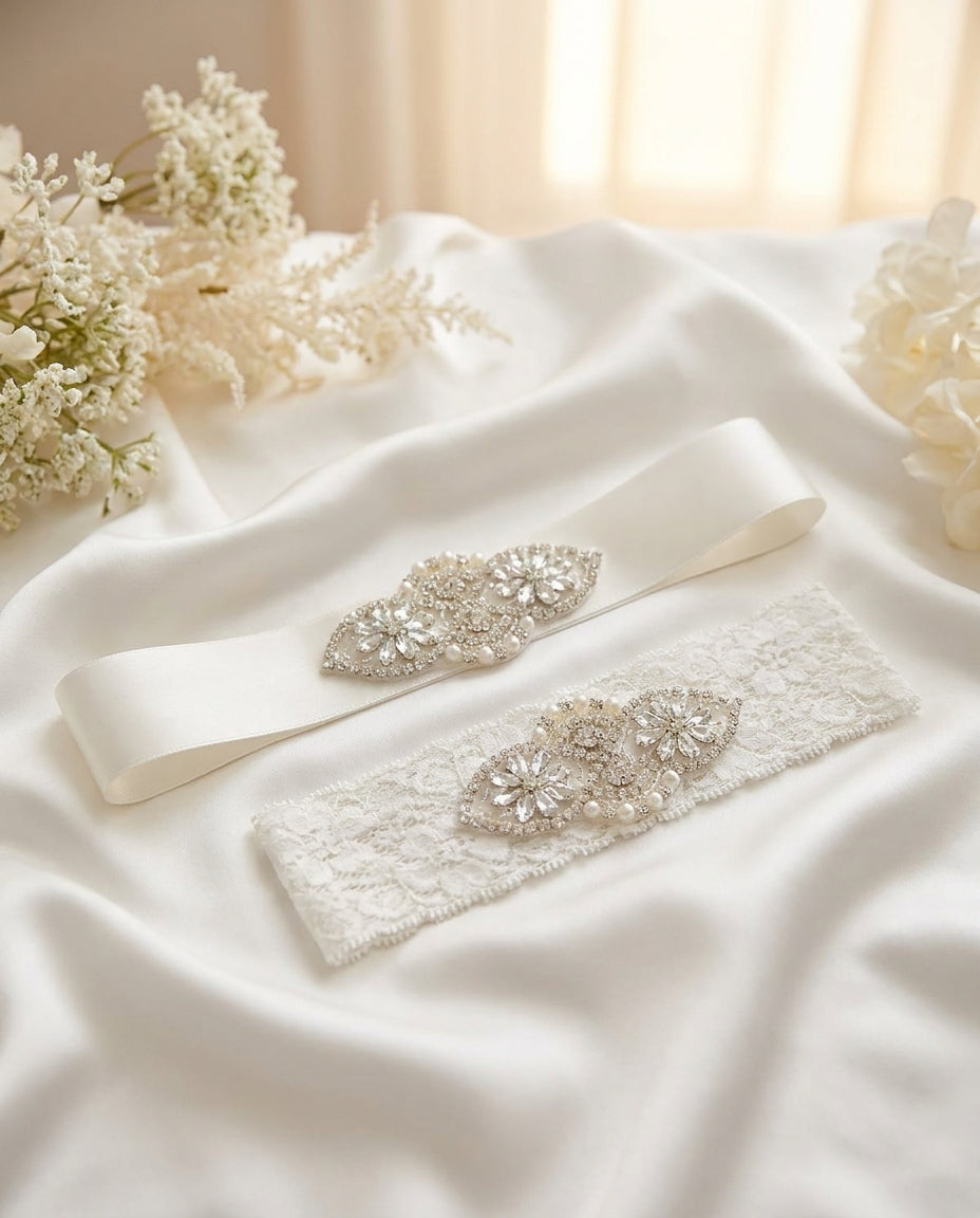Baby Girl Rhinestones & Pearls Christening Headband and Sash